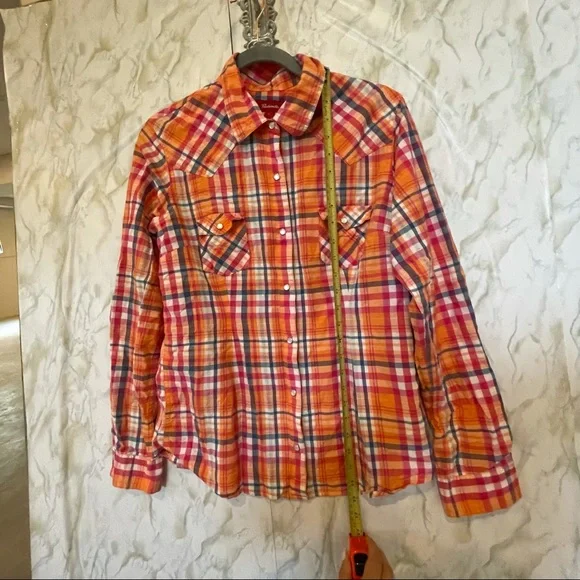 Panhandle large plaid checks orange front pocket Pearl snap button 100% cotton - Picture 6 of 8